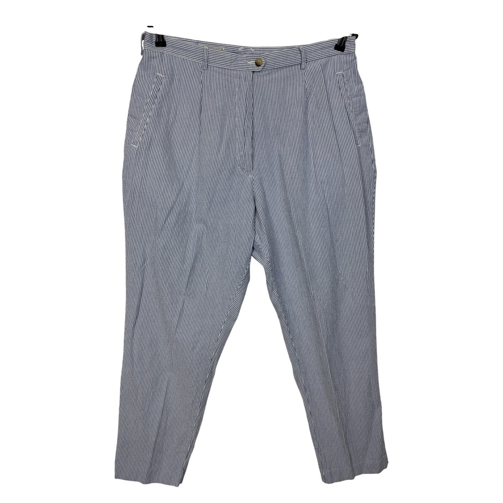 L.L. Bean Seersucker Women's 16P Blue White Striped Pleated‎ Cotton Lightweight